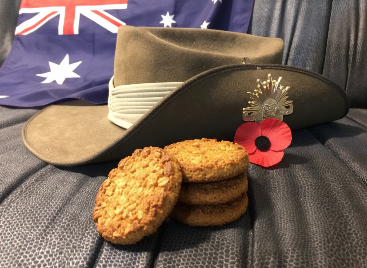 Composite_ your hat photo with Australian flag, ANZAC biscuits, and poppy